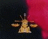 Golden Libra scale symbol on red and black background, transitioning to a blue-haired anime character in golden armor with glowing effects.