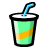 Pixelated icon of a green beverage in a black-rimmed glass with an orange swirl and blue straw.