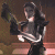 Animated sequence of a figure in dark armor with white stripes holding a large black weapon, shifting poses against a brown background.