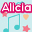 A light blue background features pink 'Alicia' text with white outlines, teal musical notes, and scattered orange and pink stars and hearts.