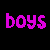 A static 50x50 pixel buddy icon with pink text and symbols on a black background, featuring the phrase "boys ... every girl needs one" alongside gender symbols.