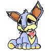 Animated pixel art of a blue and yellow creature with brown ears, wearing a red bandana, sitting in various poses with tears on its face.