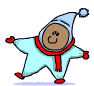 A cartoon character in a light blue star-shaped outfit with red trim and hat, performing various poses against a gray background.
