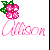 Pixelated pink flower with green leaves above cursive 'Allison' text on white background, showing animation changes across frames.