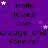 Purple background with repeated text 'Holly loves Jon always andalways andalways andalways and forever' in black pixelated font, scattered white and light purple stars.