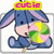 Pixelated cartoon donkey with blue-gray body, pink cheeks, and long ears sits holding a green-and-yellow striped object under a yellow banner reading 'cutie' in pink letters.