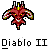 Pixelated red demon head with yellow eyes and horns, white teeth, and yellow accents on wings, displayed in a with text below each instance