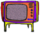 Three identical cartoon-style television sets with orange screens, purple borders, and yellow legs on a gray background.