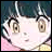 Pixelated anime-style character face with wide eyes and dark hair, next to stylized text on a black background.
