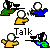 Animated contact sheet of 8 AIM buddy icons showing stick figures in yellow, blue, and green with white heads performing various actions like talking, running, and holding objects against a gray background.