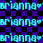 Pixelated cyan text 'brianna' repeated with a small star symbol on a purple and black checkered background.