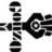 Black-and-white pixelated icon shows a stylized figure with striped torso and head, holding a large circular object with concentric rings on a white background.