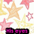 Pixelated star pattern with text fragments 'His eyes', 'are my', and 'stars...' on a white background.