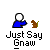 pixelated frames showing a blue-shirted figure holding a brown object, with text reading "Just Say Gnaw" and speech bubbles saying "HEY BEAVER TRY THIS."