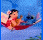 Animated cartoon character with dark hair and red clothing on a blue background, transitioning from side view to front view while holding an object.