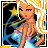Pixel art contact sheet of a blonde woman in a blue dress with pink accents, showing four animation frames against a black background with yellow stars and blue swirls.