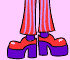 Pixelated image of legs in red and purple striped pants and red-and-purple platform shoes on a pink background.