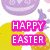 Pixelated graphic with purple egg, yellow bunny ears, and pink text reading HAPPY EASTER on white background.