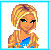 Pixel art contact sheet showing three frames of a blonde female character in blue top and dark skirt with pink text labels 'Blonde', '*4*', and 'Life' on cyan background.