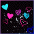 Animated sequence of colorful heart shapes floating against a black background with white speckles, each frame showing different heart positions and colors.