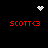 Pixelated red text 'SCOTT<3' appears four times on a black background, with white pixelated heart and starburst icons above and below the text.