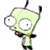 Pixelated green cartoon character with large white eyes, two antennae, and a small dark mouth on a plain background.