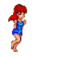 Pixelated character with red hair in blue swimsuit running through six sequential poses on gray background.