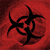 Six red background each display a black biohazard symbol with subtle variations in shape and alignment across the