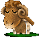 Pixelated brown ram with curled horns stands on green grass, eyes closed in all frames.