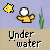 Pixel art scene with yellow fish, white-headed character in yellow shirt, green seaweed, and 'Under water' text on brown over blue background