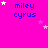 A bright pink background displays repeated blue text 'miley cyrus' with scattered white and light pink stars, some of which move across the frame.