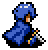 Pixel art character with blue hair and clothing, holding a sword-like object with yellow and white accents against gray background.