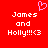 Red background with white pixelated text reading "James and Holly!!!<3" on both sides, a pink heart symbol above the left side.