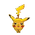 Pixelated yellow cartoon character with lightning bolt tail in three distinct poses on gray background