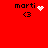 Red background displays four 'marti' text icons with '3' symbols; one icon shows a pink heart, another a white starburst, and a third a white dot cluster.