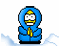 Pixelated cartoon character in blue hooded coat with yellow zipper, white face, black mustache, and closed eyes, standing against light blue cloud background.