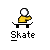 Pixelated yellow figure with white head on skateboard performing tricks, text "Skate" below each frame.