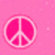 Animated sequence showing a pink peace symbol on pink background, transitioning to blue background with hearts and green/yellow peace symbol, then to white background with multiple colored peace symbols.