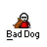 Animated contact sheet of a pixel art buddy icon showing sequential frames where a stick figure and dog gradually move apart, with consistent text below each frame.