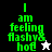 Green pixelated text 'I am feeling flashy& hot' on black, white, and gray backgrounds with a star icon changing from white to black.