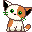 A 4-frame contact sheet of a pixel-art cat with orange and white fur, green eyes, black inner ears, and pink nose/mouth across four distinct poses on a gray background.