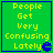 Green square with blue border contains yellow text 'People Get Very Confusing Lately' and a small blue pixelated symbol.