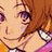 Pixelated anime-style character with brown hair and purple eyes, wearing a pink top with white collar, smiling in two