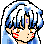 Pixel art contact sheet of an anime-style character with blue hair and red cheek marks across eight frames showing facial expression changes.