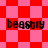 Pixelated text 'beastly' appears on two distinct red and pink checkered backgrounds in a