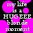 Pixelated text reads 'my life is a HUGE blonde moment' over black background with pink circular shapes, two identical frames side-by-side.