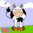Animated pixel art contact sheet of a cow character in six frames showing tail and hand movements against a sky-and-grass background.