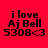 Four identical pixelated text-based images arranged in a on red background, each displaying 'i love Aj Bell 5308<3' with varying white rectangular overlays