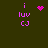 Pixelated pink text 'i luv CJ' on dark green background with animated heart and starburst symbols replacing the central icon.