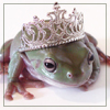 Green frog wearing a silver tiara with intricate scrollwork and small gem-like details, positioned against a plain white background.